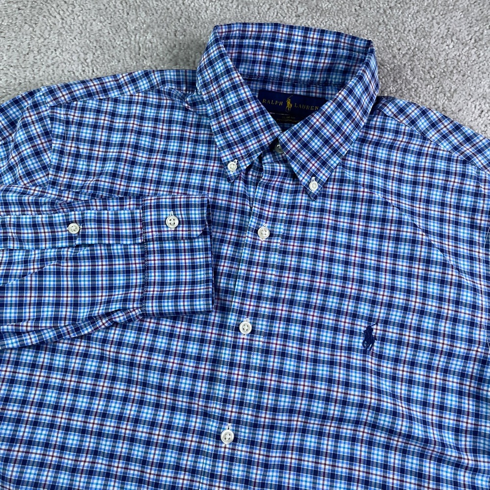 Ralph Lauren Shirt Mens Medium Blue Plaid Slim Fit Performance Button Down Pony